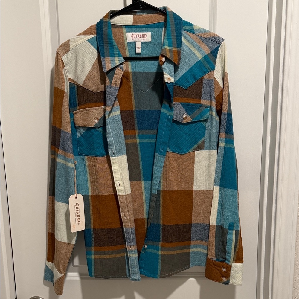 Shyanne Women's Plaid Button Down Shirt - Teal, Brown, Cream